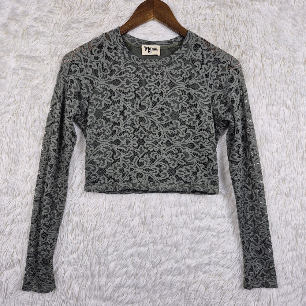 Show Me Your Mumu Sage Green Lace Long Sleeve Crop Top Crew‎ Neck Floral Boho